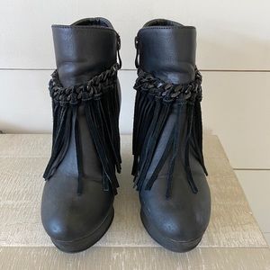 Black Wedge Fringe Booties
